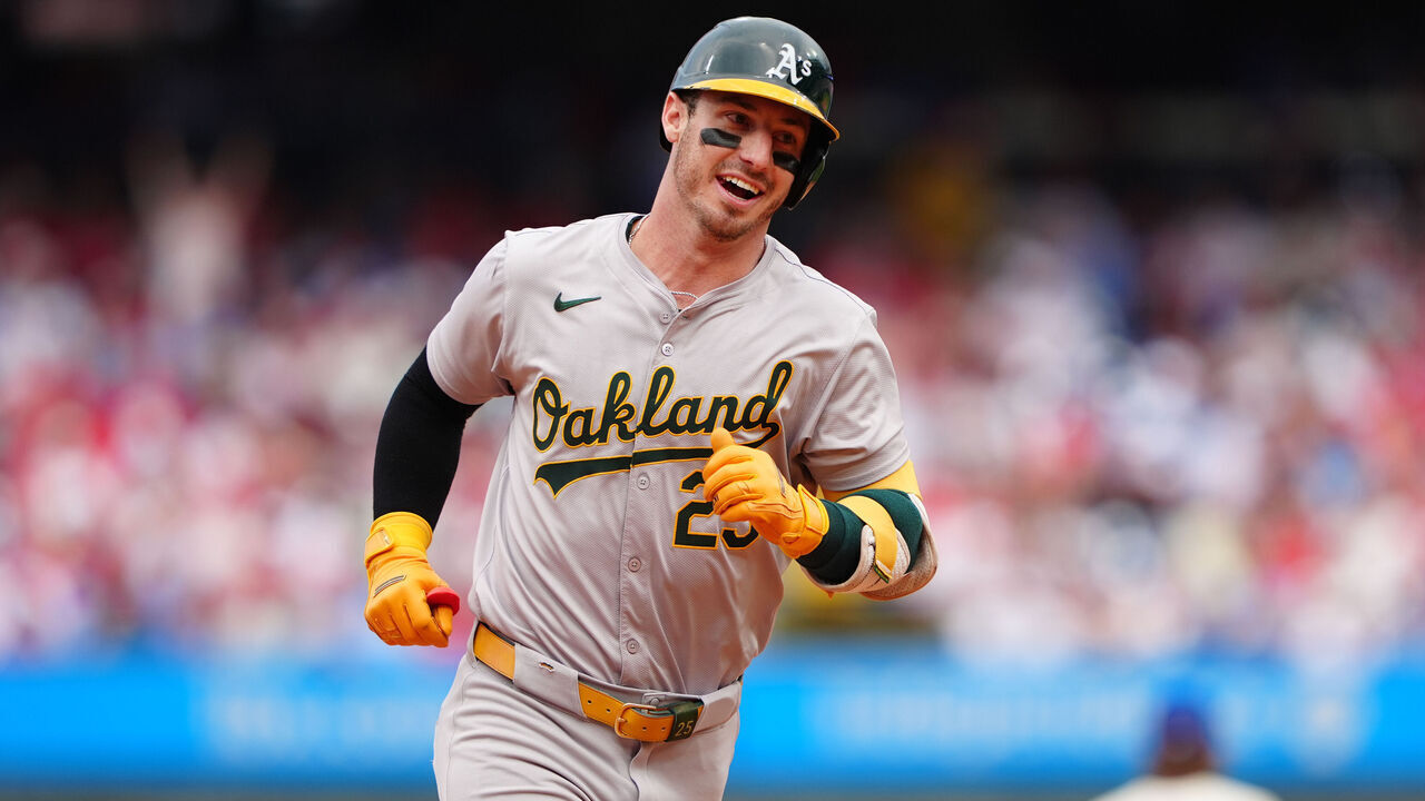 PHILADELPHIA, PA - JULY 14: Oakland Athletics Designated Hitter Brent Rooker (25) rounds the bases after hitting a two run home run during the sixth inning of the Major League Baseball game between the Oakland Athletics and the Philadelphia Phillies on July 14, 2024, at Citizens Bank Park in Philadelphia, PA.