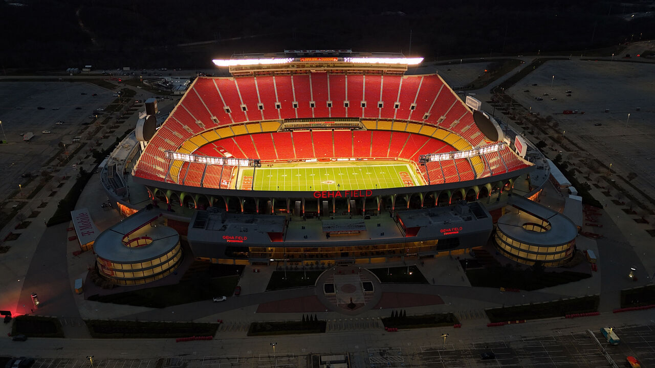 KANSAS CITY, MISSOURI - DECEMBER 25: A general overall aerial view of Arrowhead Stadium on December 25, 2023 in Kansas City, Missouri.