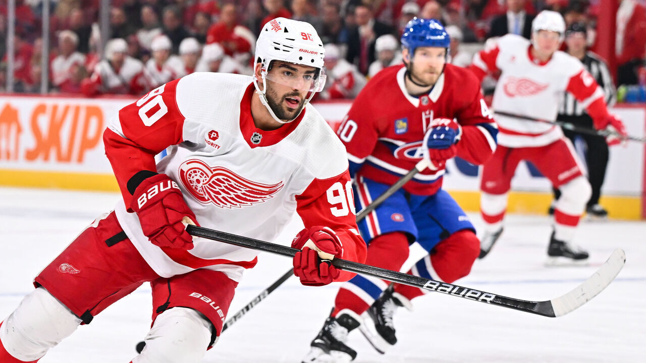 MONTREAL, CANADA - APRIL 16: Joe Veleno #90 of the Detroit Red Wings skates during the first period against the Montreal Canadiens at the Bell Centre on April 16, 2024 in Montreal, Quebec, Canada. The Detroit Red Wings defeated the Montreal Canadiens 5-4 in a shootout.