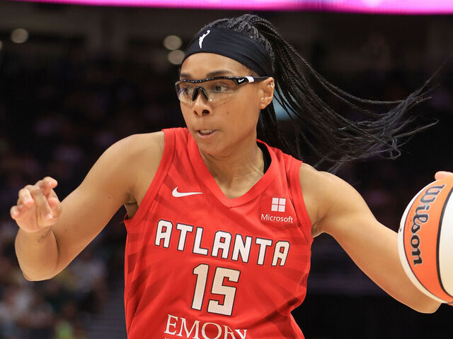 SEATTLE, WA - JULY 14: Allisha Gray #15 of the Atlanta Dream goes to the basket during the game on July 14, 2024 at Climate Pledge Arena in Seattle, Washington. Mandatory Copyright Notice: Copyright 2024 NBAE