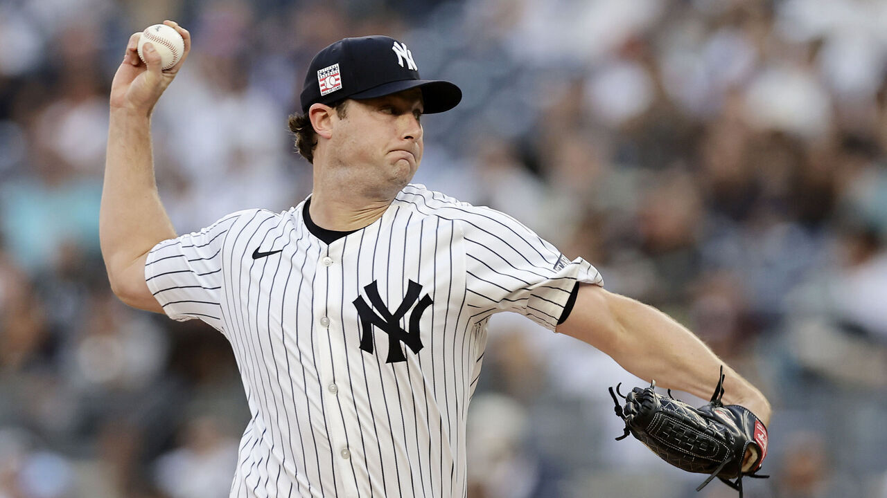 NEW YORK, NEW YORK - JULY 19: Gerrit Cole #45 of the New York Yankees pitches during the first inning against the Tampa Bay Rays at Yankee Stadium on July 19, 2024 in New York City.