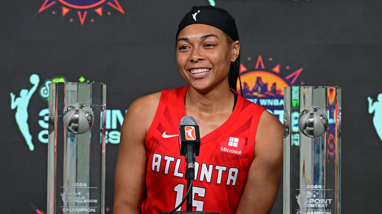 PHOENIX, AZ - JULY 19: Allisha Gray #15 of the Atlanta Dream talks to the media after winning the Kia Skills Challenge and the Starry 3 Point Contest on July 19, 2024 at Footprint Center in Phoenix, Arizona. NOTE TO USER: User expressly acknowledges and agrees that, by downloading and/or using this Photograph, user is consenting to the terms and conditions of the Getty Images License Agreement. Mandatory Copyright Notice: Copyright 2024 NBAE