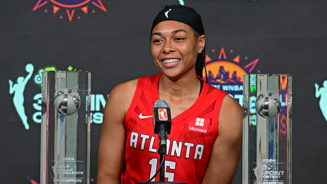 PHOENIX, AZ - JULY 19: Allisha Gray #15 of the Atlanta Dream talks to the media after winning the Kia Skills Challenge and the Starry 3 Point Contest on July 19, 2024 at Footprint Center in Phoenix, Arizona. NOTE TO USER: User expressly acknowledges and agrees that, by downloading and/or using this Photograph, user is consenting to the terms and conditions of the Getty Images License Agreement. Mandatory Copyright Notice: Copyright 2024 NBAE