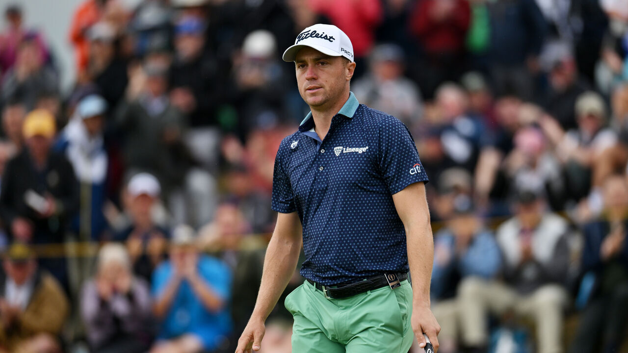TROON, SCOTLAND - JULY 20: Justin Thomas of the United States looks across the 12th green on day three of The 152nd Open championship at Royal Troon on July 20, 2024 in Troon, Scotland.