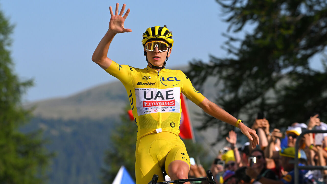 COL DE LA COUILLOLE, FRANCE - JULY 20: Tadej Pogacar of Slovenia and UAE Team Emirates - Yellow Leader Jersey celebrates at finish line as stage winner during the 111th Tour de France 2024, Stage 20 a 132.8km stage from Nice to Col de la Couillole 1676m / #UCIWT / on July 20, 2024 in Col de la Couillole, France.