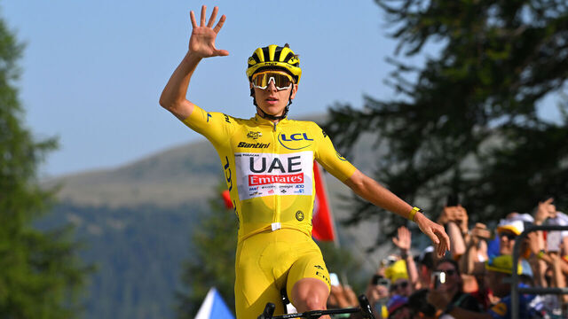 COL DE LA COUILLOLE, FRANCE - JULY 20: Tadej Pogacar of Slovenia and UAE Team Emirates - Yellow Leader Jersey celebrates at finish line as stage winner during the 111th Tour de France 2024, Stage 20 a 132.8km stage from Nice to Col de la Couillole 1676m / #UCIWT / on July 20, 2024 in Col de la Couillole, France.
