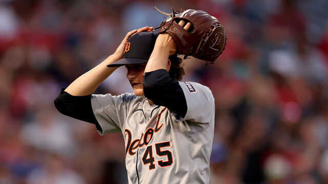 ANAHEIM, CALIFORNIA - JUNE 29: Reese Olson #45 of the Detroit Tigers reacts after giving up two runs at the end of the third inning against the Los Angeles Angels at Angel Stadium of Anaheim on June 29, 2024 in Anaheim, California.