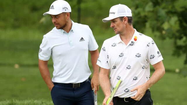 DUBLIN, OHIO - JULY 10: Xander Schauffele of the United States and Justin Rose of England reacts on the fourth green during the second round of the Workday Charity Open on July 10, 2020 at Muirfield Village Golf Club in Dublin, Ohio.