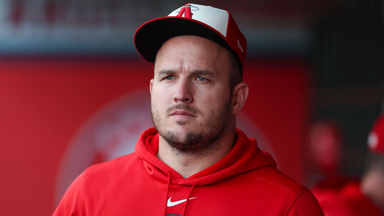 ANAHEIM, CALIFORNIA - JUNE 5: Mike Trout #27 of the Los Angeles Angels looks on in the dugout prior to a game against the San Diego Padres at Angel Stadium of Anaheim on June 5, 2024 in Anaheim, California.