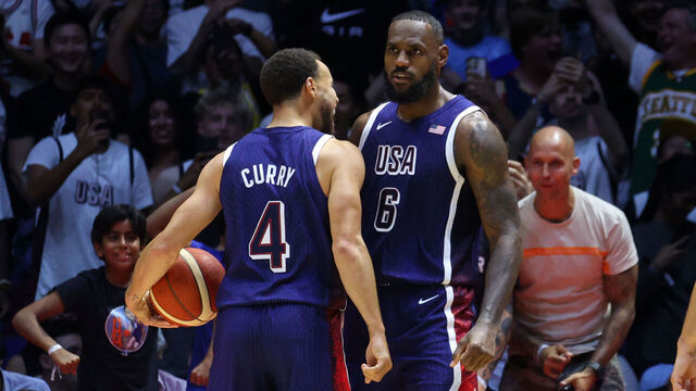 LONDON, ENGLAND - JULY 20: Stephen Curry #4 and LeBron James #6 of Team USA celebrate during the game against South Sudan as part of the 2024 USA Basketball Showcase on July 20, 2024 in London, England at O2 Arena. NOTE TO USER: User expressly acknowledges and agrees that, by downloading and/or using this photograph, user is consenting to the terms and conditions of the Getty Images License Agreement. Mandatory Copyright Notice: Copyright 2024 NBAE