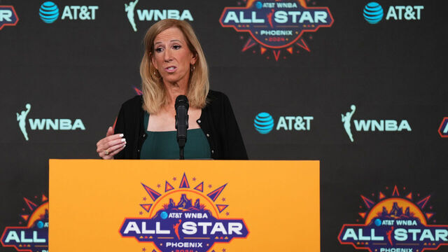 PHOENIX, AZ - JULY 20: Cathey Engelbert talks to the media before the game between the Team WNBA and the USA Basketball Women's National Team during the 2024 WNBA All Star Game on July 20, 2024 at Footprint Center in Phoenix, Arizona. Mandatory Copyright Notice: Copyright 2024 NBAE