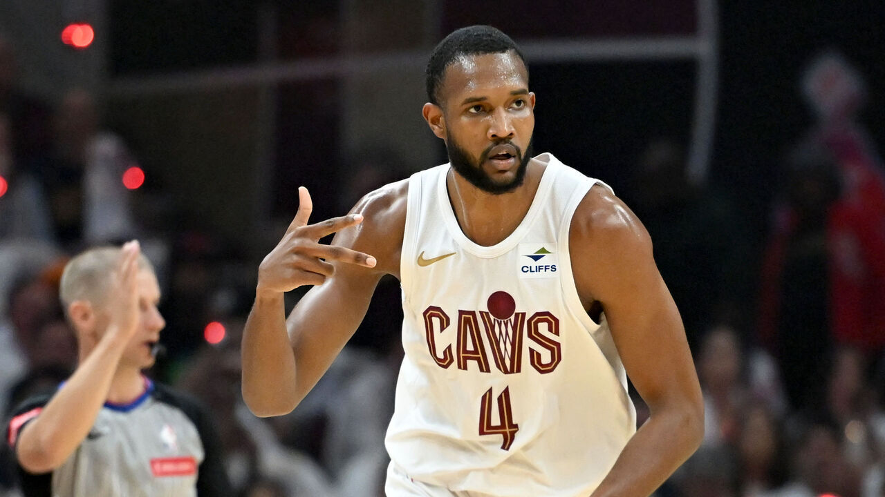 CLEVELAND, OHIO - MAY 13: Evan Mobley #4 of the Cleveland Cavaliers reacts during the first quarter in Game Four of the Eastern Conference Second Round Playoffs at Rocket Mortgage Fieldhouse on May 13, 2024 in Cleveland, Ohio.