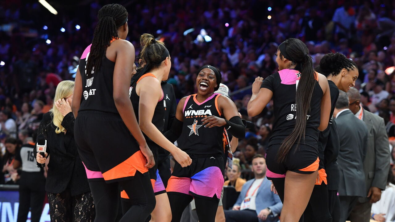PHOENIX, AZ - JULY 20: Arike Ogunbowale #24 of Team WNBA smiles during the game against the USA Basketball Women's National Team during the 2024 WNBA All Star Game on July 20, 2024 at Footprint Center in Phoenix, Arizona. Mandatory Copyright Notice: Copyright 2024 NBAE