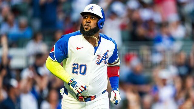 ATLANTA, GA - JULY 20: Marcell Ozuna #20 of Atlanta Braves hits a home run during the fourth inning of game two of a doubleheader against the St. Louis Cardinals at Truist Park on July 20, 2024 in Atlanta, Georgia. "