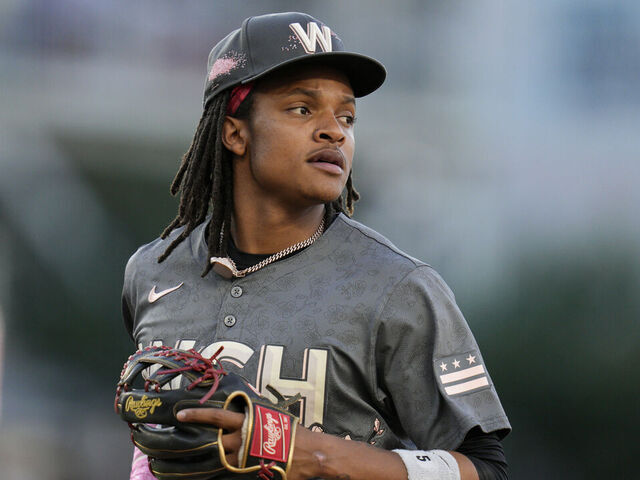 WASHINGTON, DC - JUNE 07: CJ Abrams #5 of the Washington Nationals jogs to the dugout during the second inning against the Atlanta Braves at Nationals Park on June 07, 2024 in Washington, DC.