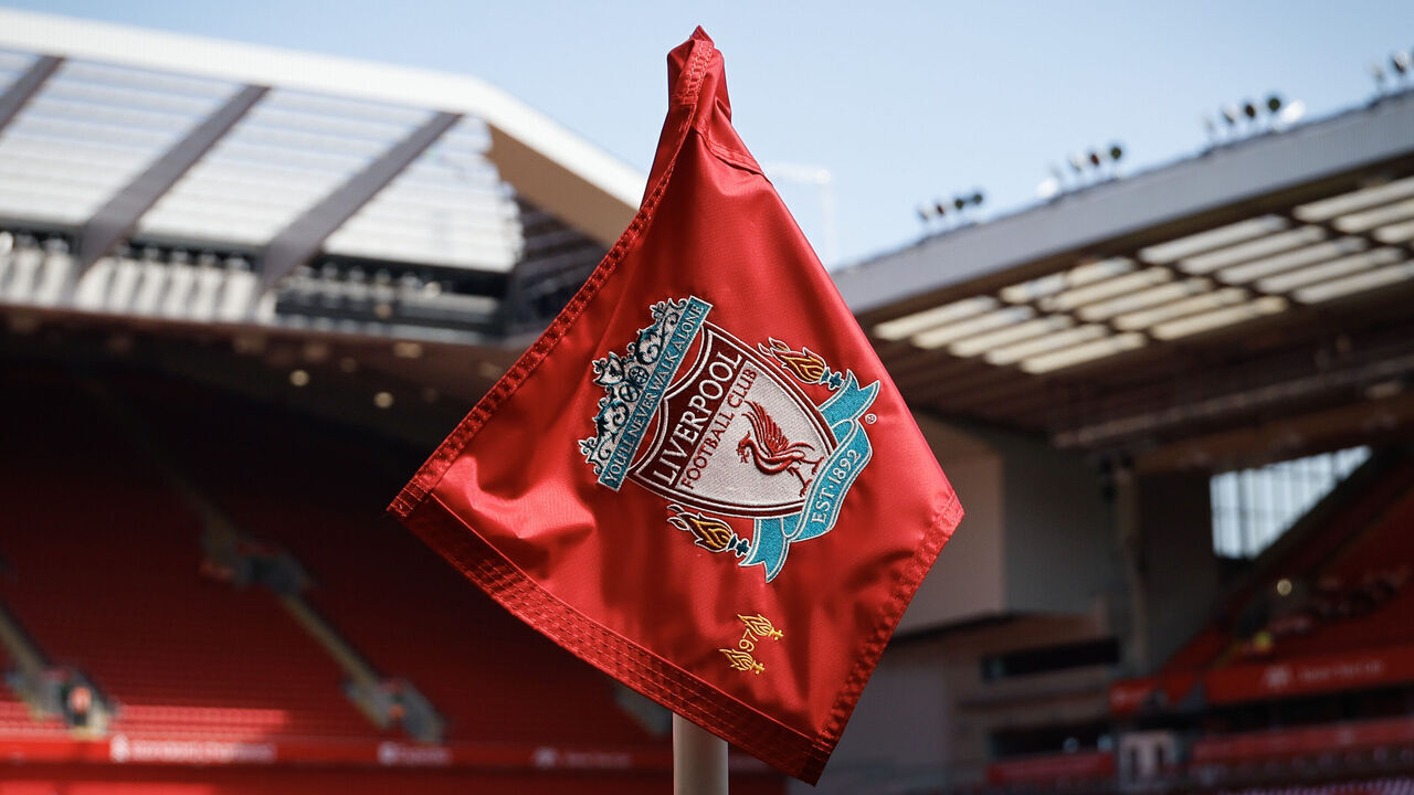 LIVERPOOL, ENGLAND - MAY 19: A Liverpool logo on a corner flag inside Anfield stadium during the Premier League match between Liverpool FC and Wolverhampton Wanderers at Anfield on May 19, 2024 in Liverpool, England.