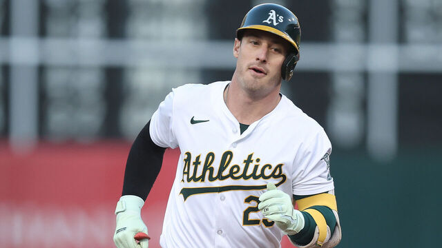 OAKLAND, CALIFORNIA - JULY 03: Brent Rooker #25 of the Oakland Athletics rounds the bases against the Los Angeles Angels at Oakland Coliseum on July 03, 2024 in Oakland, California.