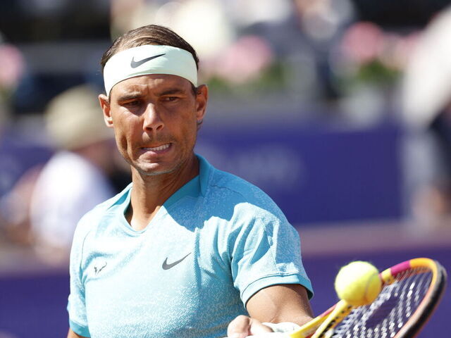 Spain's Rafael Nadal returns the ball to Croatia's Duje Ajdukovic during their men's semi-final singles match of the ATP Nordea Open tennis tournament in Bastad, Sweden, on July 20, 2024.