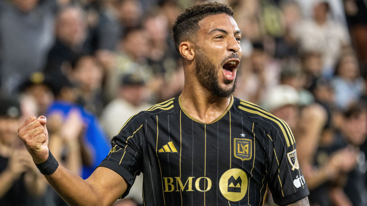 LOS ANGELES, CA - JUNE 22: Denis Bouanga #99 of Los Angeles FC celebrates his first half goal during the match against San Jose Earthquakes at BMO Stadium on June 22, 2024 in Los Angeles, California. Los Angeles FC won the match 6-2
