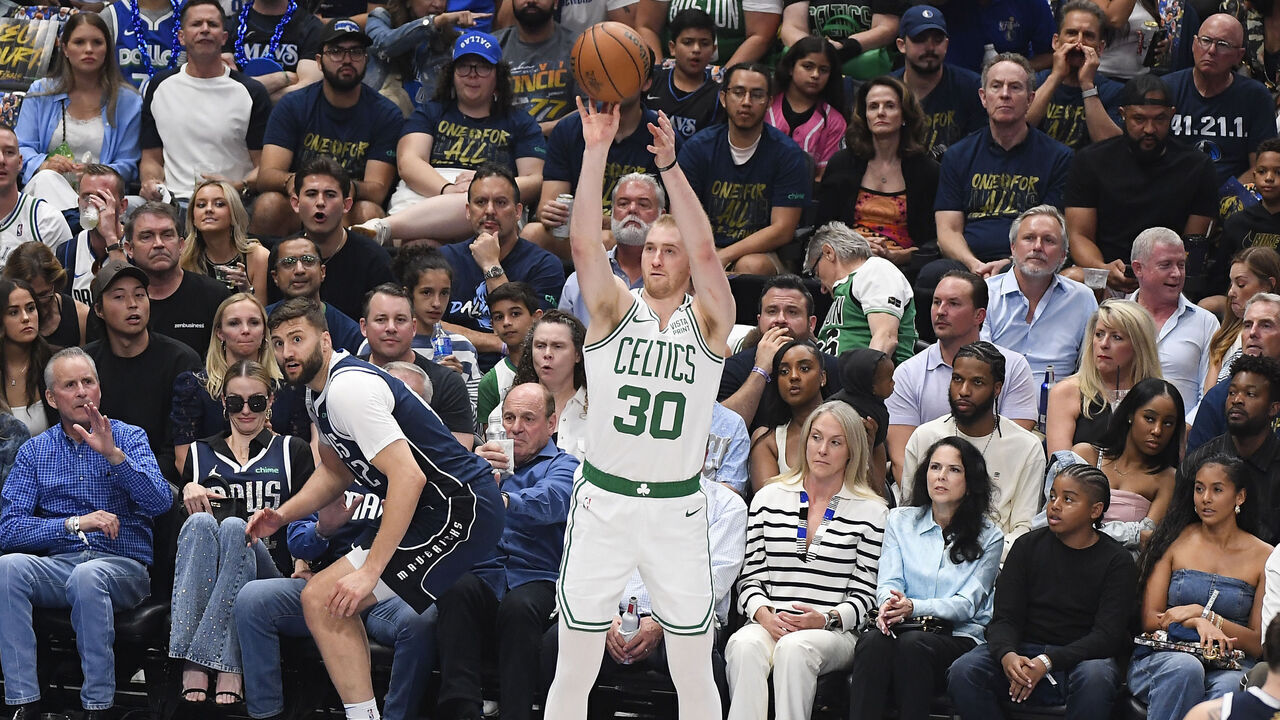 DALLAS, TX - JUNE 12: Sam Hauser #30 of the Boston Celtics shoots the ball during the game against the Dallas Mavericks during Game 3 of the 2024 NBA Finals on June 12, 2024 at the American Airlines Center in Dallas, Texas. Mandatory Copyright Notice: Copyright 2024 NBAE