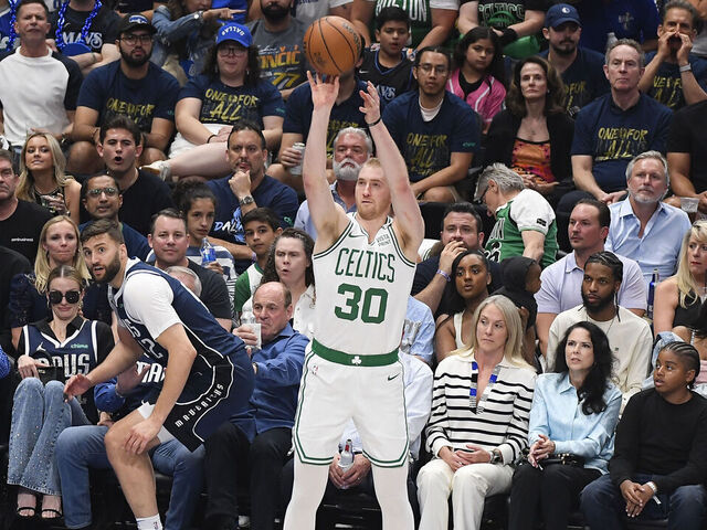DALLAS, TX - JUNE 12: Sam Hauser #30 of the Boston Celtics shoots the ball during the game against the Dallas Mavericks during Game 3 of the 2024 NBA Finals on June 12, 2024 at the American Airlines Center in Dallas, Texas. Mandatory Copyright Notice: Copyright 2024 NBAE