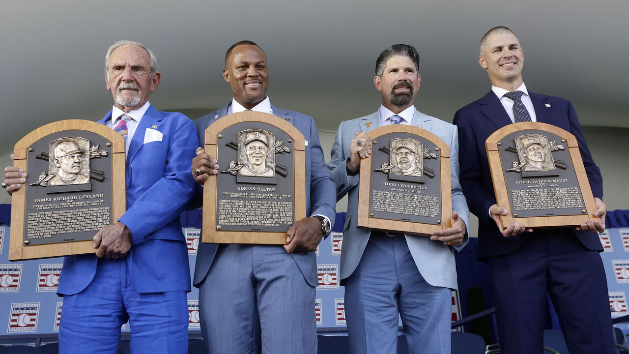 COOPERSTOWN, NEW YORK - JULY 21: Inductees, from left, Jim Leyland, Adrian Beltre, Todd Helton and Joe Mauer pose for a photograph with their plaques during the Baseball Hall of Fame induction ceremony at Clark Sports Center on July 21, 2024 in Cooperstown, New York.