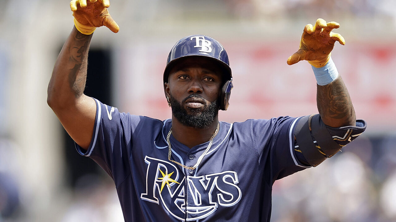 NEW YORK, NY - JULY 21: Randy Arozarena #56 of the Tampa Bay Rays reacts after hitting a home run during the fourth inning against the New York Yankees at Yankee Stadium on July 21, 2024 in New York City.