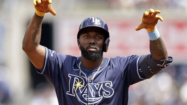 NEW YORK, NY - JULY 21: Randy Arozarena #56 of the Tampa Bay Rays reacts after hitting a home run during the fourth inning against the New York Yankees at Yankee Stadium on July 21, 2024 in New York City.
