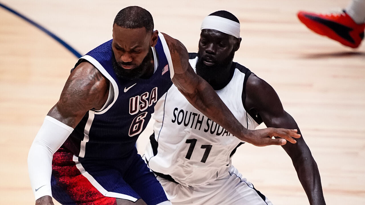 USA's LeBron James and South Sudan's Marial Shayok during the 2024 USA Basketball Showcase at the O2 Arena, London. Picture date: Saturday July 20, 2024.