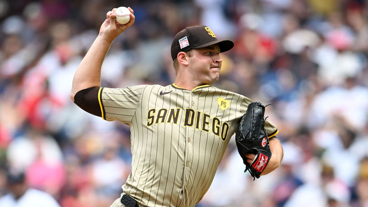 CLEVELAND, OHIO - JULY 21: Michael King #34 of the San Diego Padres throws a pitch during the sixth inning against the Cleveland Guardians at Progressive Field on July 21, 2024 in Cleveland, Ohio.