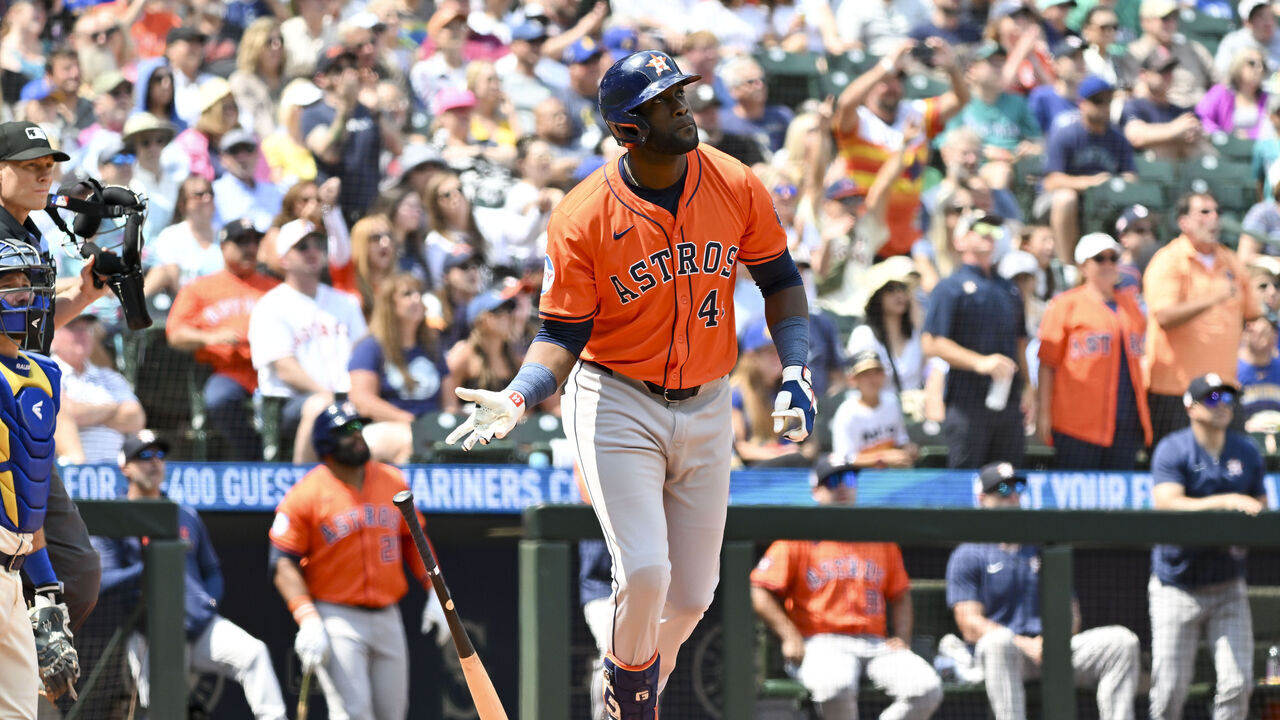 SEATTLE, WASHINGTON - JULY 21: Yordan Alvarez #44 of the Houston Astros hits a solo home run during the fourth inning against the Seattle Mariners at T-Mobile Park on July 21, 2024 in Seattle, Washington.