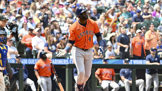 SEATTLE, WASHINGTON - JULY 21: Yordan Alvarez #44 of the Houston Astros hits a solo home run during the fourth inning against the Seattle Mariners at T-Mobile Park on July 21, 2024 in Seattle, Washington.