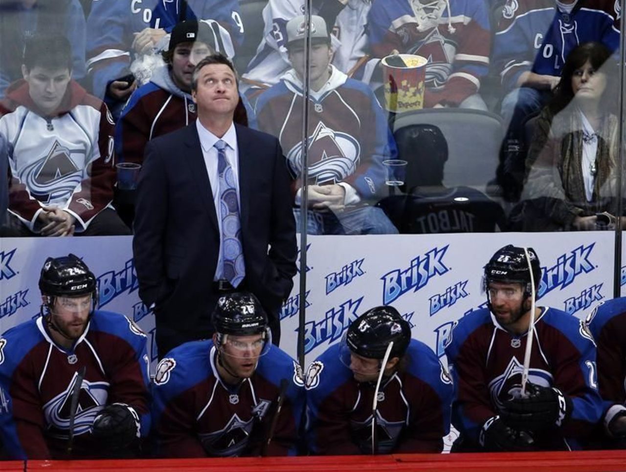 Goalie Patrick Roy of the Colorado Avalanche warms up prior to facing