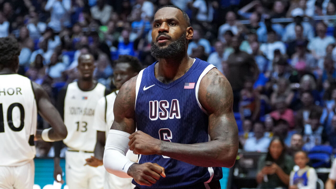 LONDON, ENGLAND - JULY 20: LeBron James #6 of Team USA celebrates during the game against South Sudan as part of the 2024 USA Basketball Showcase on July 20, 2024 in London, England at O2 Arena. NOTE TO USER: User expressly acknowledges and agrees that, by downloading and/or using this photograph, user is consenting to the terms and conditions of the Getty Images License Agreement. Mandatory Copyright Notice: Copyright 2024 NBAE