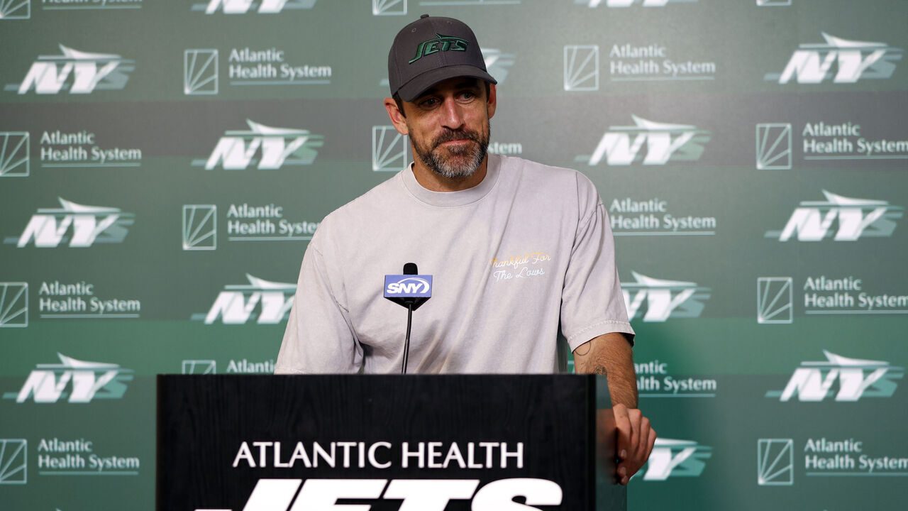 FLORHAM PARK, NEW JERSEY - MAY 21: Aaron Rodgers #8 of the New York Jets speaks to the media during the New York Jets OTA Offseason Workout at Atlantic Health Jets Training Center on May 21, 2024 in Florham Park, New Jersey.