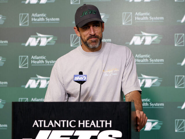FLORHAM PARK, NEW JERSEY - MAY 21: Aaron Rodgers #8 of the New York Jets speaks to the media during the New York Jets OTA Offseason Workout at Atlantic Health Jets Training Center on May 21, 2024 in Florham Park, New Jersey.