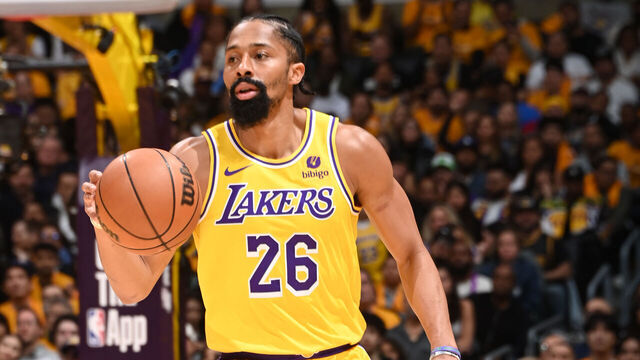 LOS ANGELES, CA - APRIL 25: Spencer Dinwiddie #26 of the Los Angeles Lakers dribbles the ball during the game against the Denver Nuggets during Round 1 Game 3 of the 2024 NBA Playoffs on April 25, 2024 at Crypto.Com Arena in Los Angeles, California. NOTE TO USER: User expressly acknowledges and agrees that, by downloading and/or using this Photograph, user is consenting to the terms and conditions of the Getty Images License Agreement. Mandatory Copyright Notice: Copyright 2024 NBAE