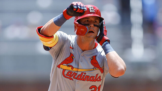 ATLANTA, GEORGIA - JULY 21: Lars Nootbaar #21 of the St. Louis Cardinals reacts after hitting a home run during the fourth inning against the Atlanta Braves at Truist Park on July 21, 2024 in Atlanta, Georgia.