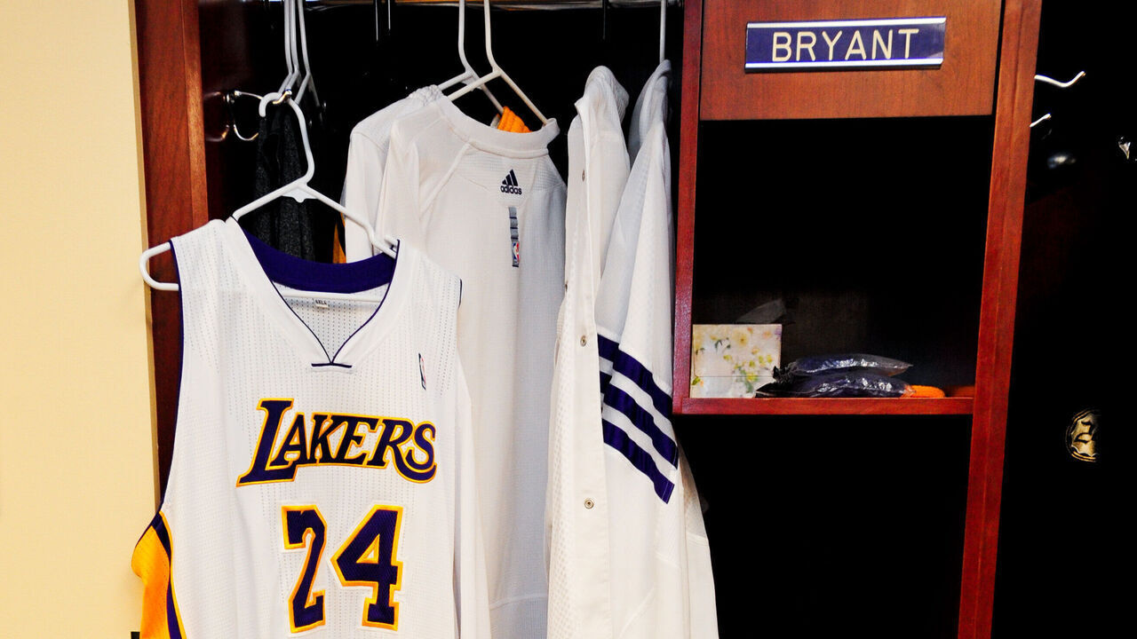 LOS ANGELES, CA - APRIL 29: The jersey of Kobe Bryant #24 of the Los Angeles Lakers hangs in the locker room before Game One of the Western Conference Quarterfinals against the Denver Nuggets in the 2012 NBA Playoffs on April 29, 2012 at Staples Center in Los Angeles, California. NOTE TO USER: User expressly acknowledges and agrees that, by downloading and/or using this Photograph, user is consenting to the terms and conditions of the Getty Images License Agreement. Mandatory Copyright Notice: Copyright 2012 NBAE