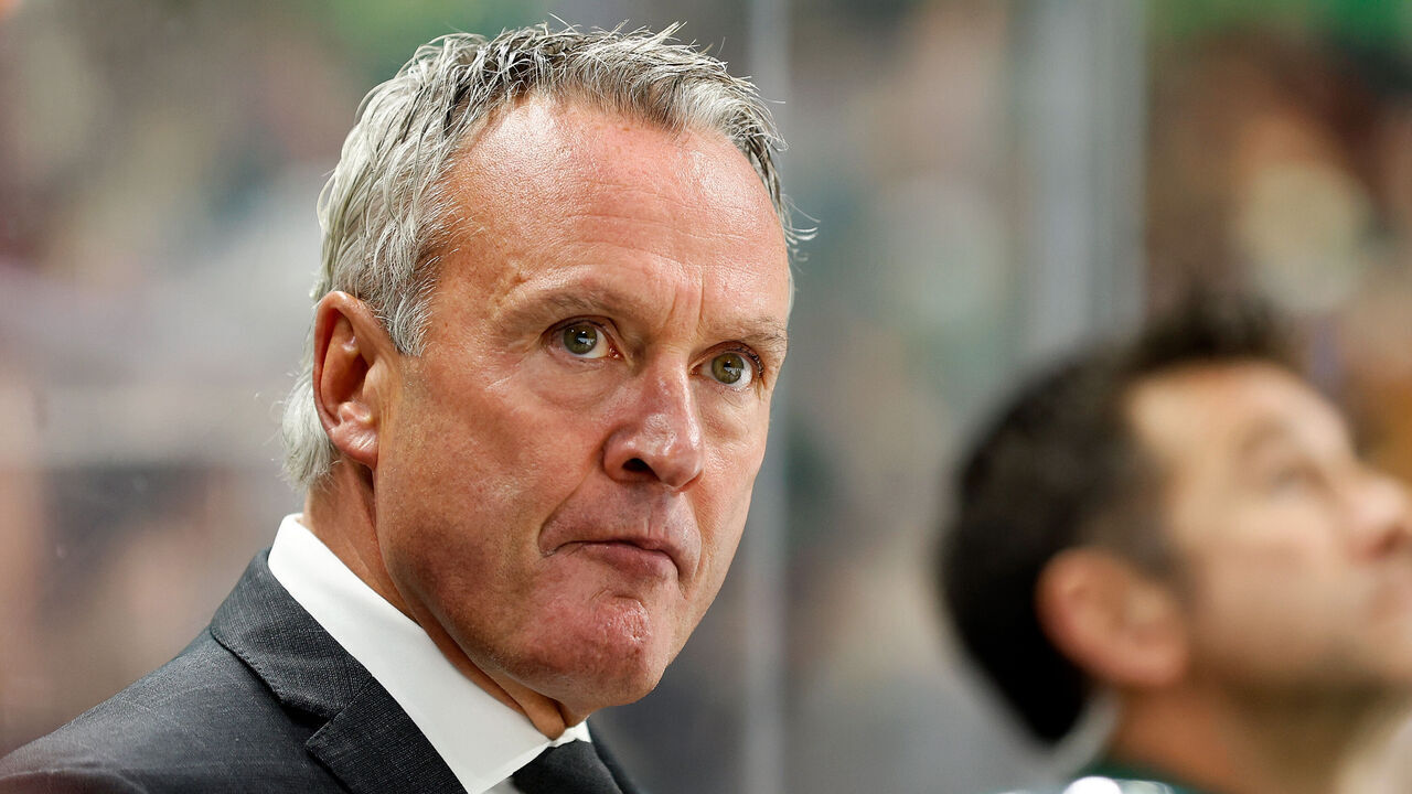 ST PAUL, MINNESOTA - OCTOBER 24: Head coach Dean Evason of the Minnesota Wild looks on against the Edmonton Oilers in the third period at Xcel Energy Center on October 24, 2023 in St Paul, Minnesota. The Wild defeated the Oilers 7-4.
