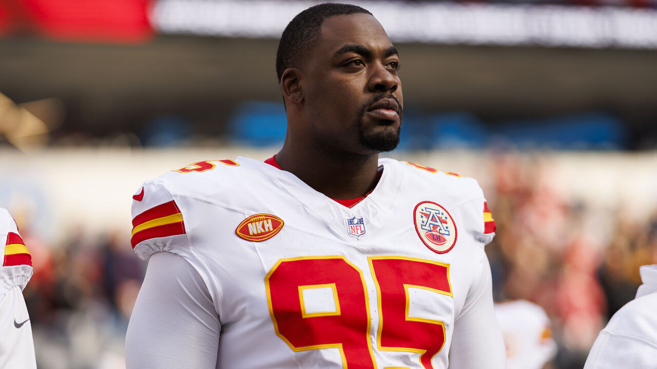 INGLEWOOD, CALIFORNIA - JANUARY 07: Chris Jones #95 of the Kansas City Chiefs looks on from the sideline before an NFL football game against the Los Angeles Chargers at SoFi Stadium on January 7, 2024 in Inglewood, California.