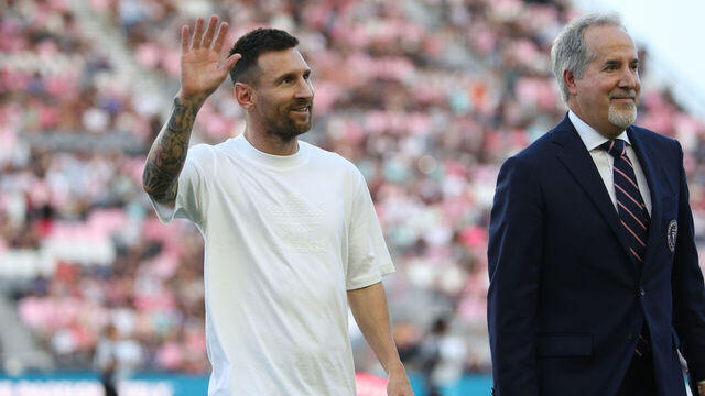 FORT LAUDERDALE, FL - JULY 20: Inter Miami forward Lionel Messi (10) greets fans afte a recognition ceremony for earning 45 professional trophies before the game between Chicago Fire FC and Inter Miami CF on Saturday, July 20, 2024 at Chase Stadium in Fort Lauderdale, Fla.
