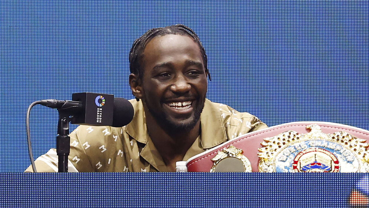 NEW YORK, NEW YORK - APRIL 24: Terence Crawford speaks during a press conference to announce his super welterweight fight against Israil Madrimov as part of the Riyadh Season Card at Gotham Hall on April 24, 2024 in New York City.