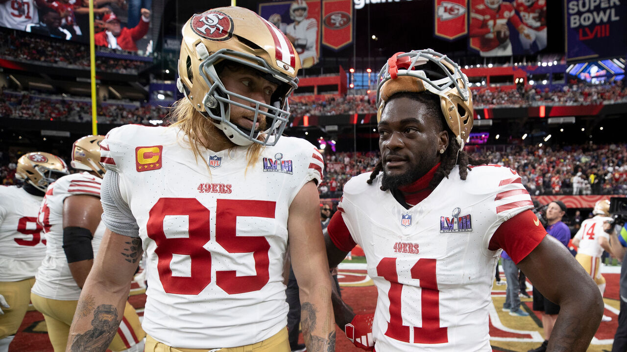 LAS VEGAS, NV - FEBRUARY 11: George Kittle #85 and Brandon Aiyuk #11 of the San Francisco 49ers before Super Bowl LVIII against the Kansas City Chiefs at Allegiant Stadium on February 11, 2024 in Las Vegas, Nevada. The Chiefs defeated the 49ers 25-22.