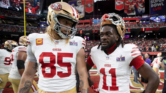 LAS VEGAS, NV - FEBRUARY 11: George Kittle #85 and Brandon Aiyuk #11 of the San Francisco 49ers before Super Bowl LVIII against the Kansas City Chiefs at Allegiant Stadium on February 11, 2024 in Las Vegas, Nevada. The Chiefs defeated the 49ers 25-22.