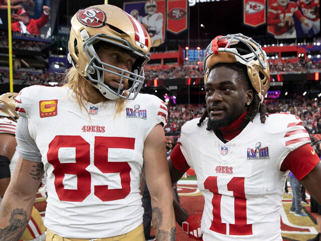 LAS VEGAS, NV - FEBRUARY 11: George Kittle #85 and Brandon Aiyuk #11 of the San Francisco 49ers before Super Bowl LVIII against the Kansas City Chiefs at Allegiant Stadium on February 11, 2024 in Las Vegas, Nevada. The Chiefs defeated the 49ers 25-22.