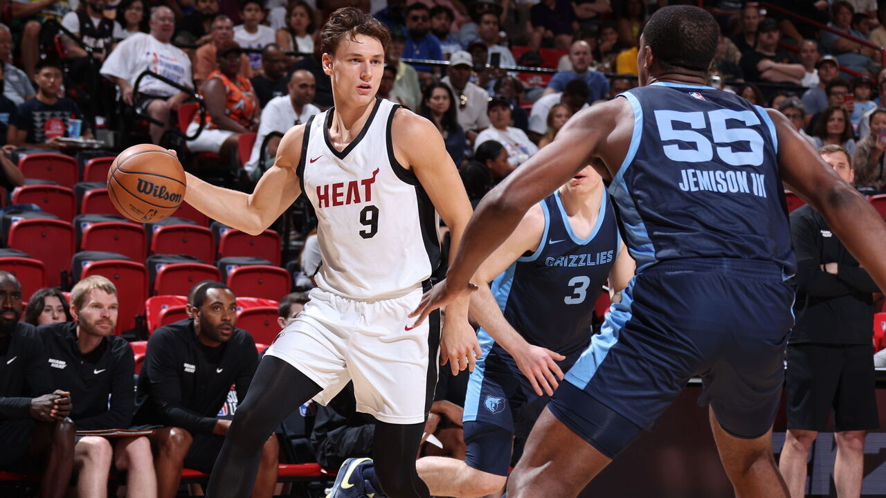 LAS VEGAS, NV - JULY 22: Pelle Larsson #9 of the Miami Heat handles the ball during the game against the Memphis Grizzlies on July 22, 2024 at the Thomas & Mack Center in Las Vegas, Nevada. Mandatory Copyright Notice: Copyright 2024 NBAE