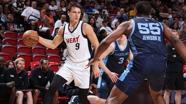 LAS VEGAS, NV - JULY 22: Pelle Larsson #9 of the Miami Heat handles the ball during the game against the Memphis Grizzlies on July 22, 2024 at the Thomas & Mack Center in Las Vegas, Nevada. Mandatory Copyright Notice: Copyright 2024 NBAE