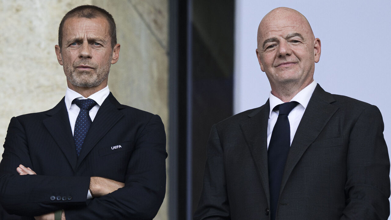 OLYMPIASTADION, BERLIN, GERMANY - 2024/06/29: Aleksander Ceferin (L), president of UEFA, and Gianni Infantino, president of FIFA, look on prior to the UEFA EURO 2024 round of 16 football match between Switzerland and Italy. Switzerland won 2-0 over Italy.