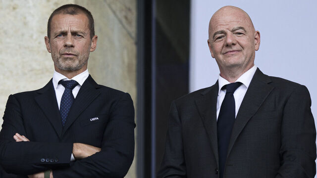 OLYMPIASTADION, BERLIN, GERMANY - 2024/06/29: Aleksander Ceferin (L), president of UEFA, and Gianni Infantino, president of FIFA, look on prior to the UEFA EURO 2024 round of 16 football match between Switzerland and Italy. Switzerland won 2-0 over Italy.